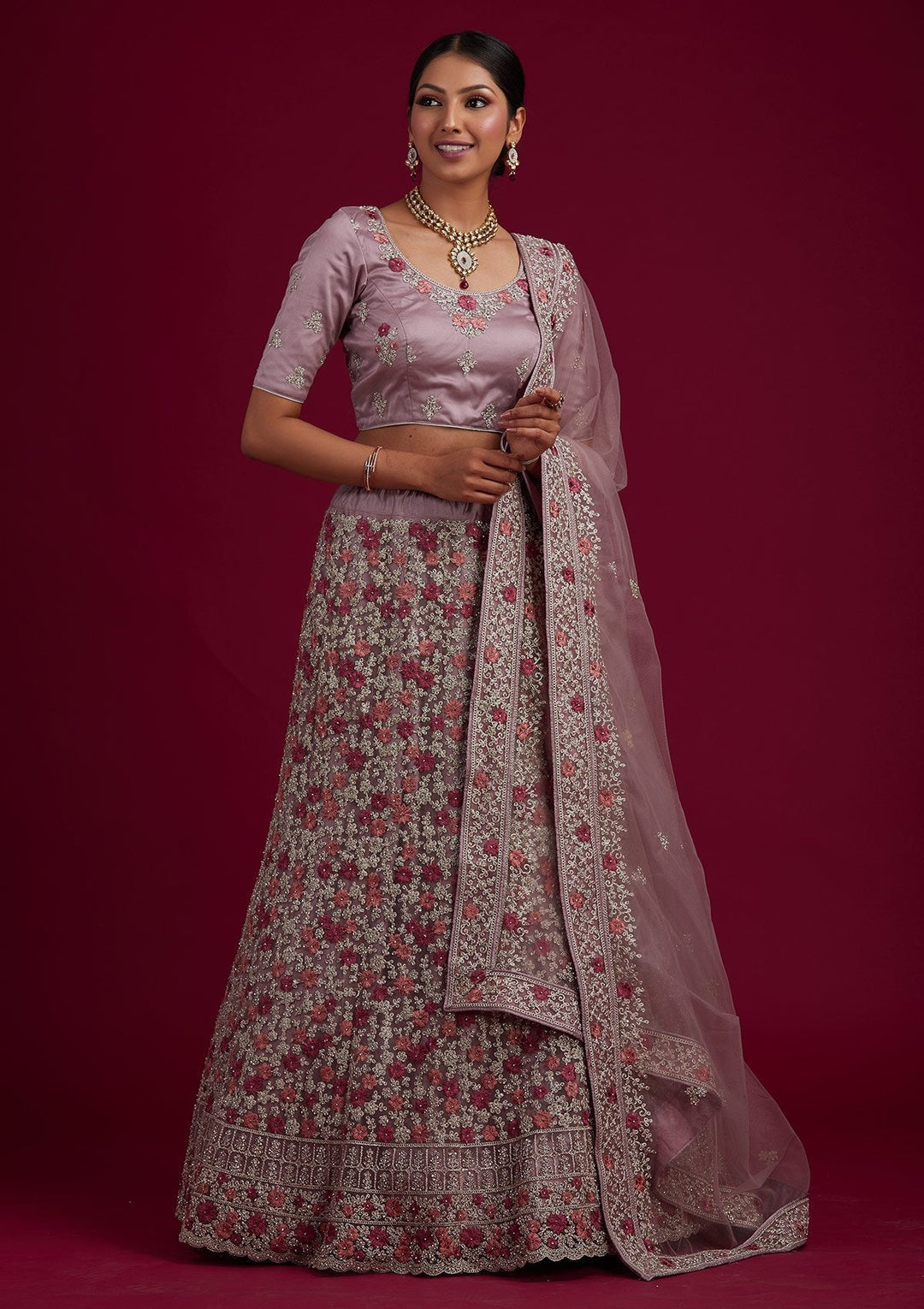 Lavender Silver Zariwork Net Designer Semi-Stitched Lehenga - koskii