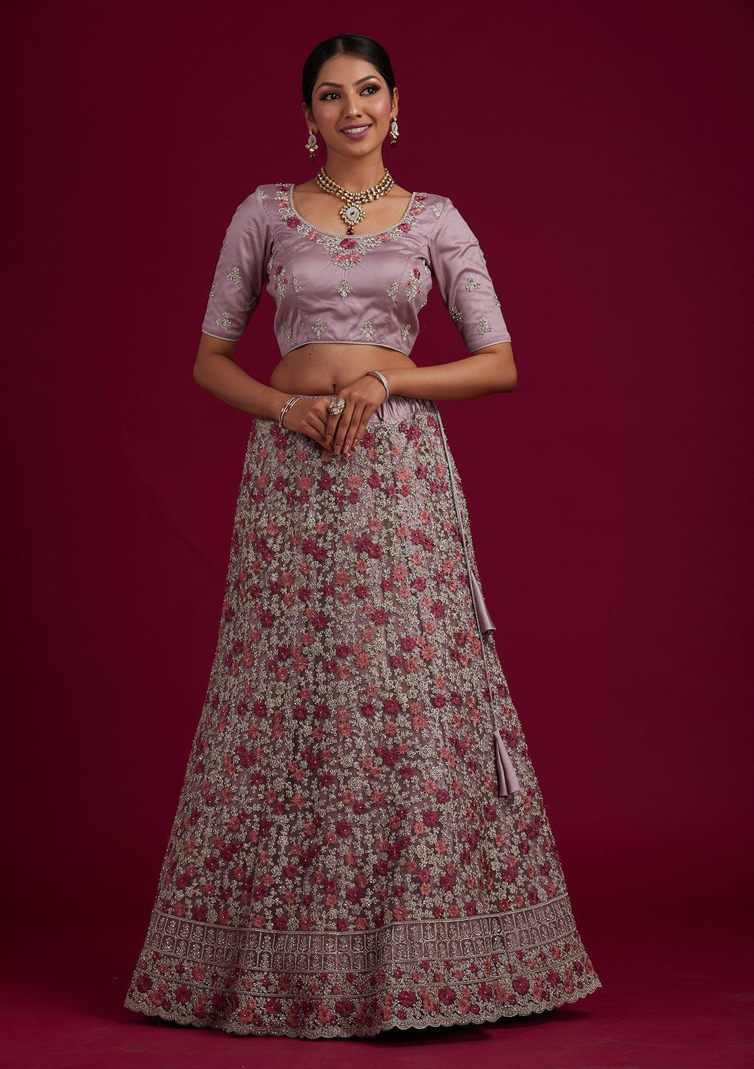 Lavender Silver Zariwork Net Designer Semi-Stitched Lehenga - koskii