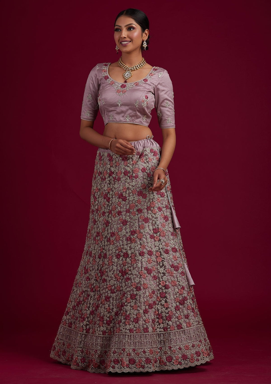 Lavender Silver Zariwork Net Designer Semi-Stitched Lehenga - koskii