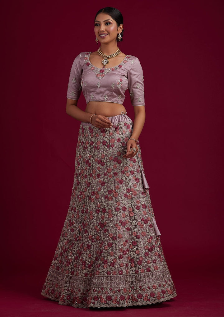 Lavender Silver Zariwork Net Designer Semi-Stitched Lehenga - koskii