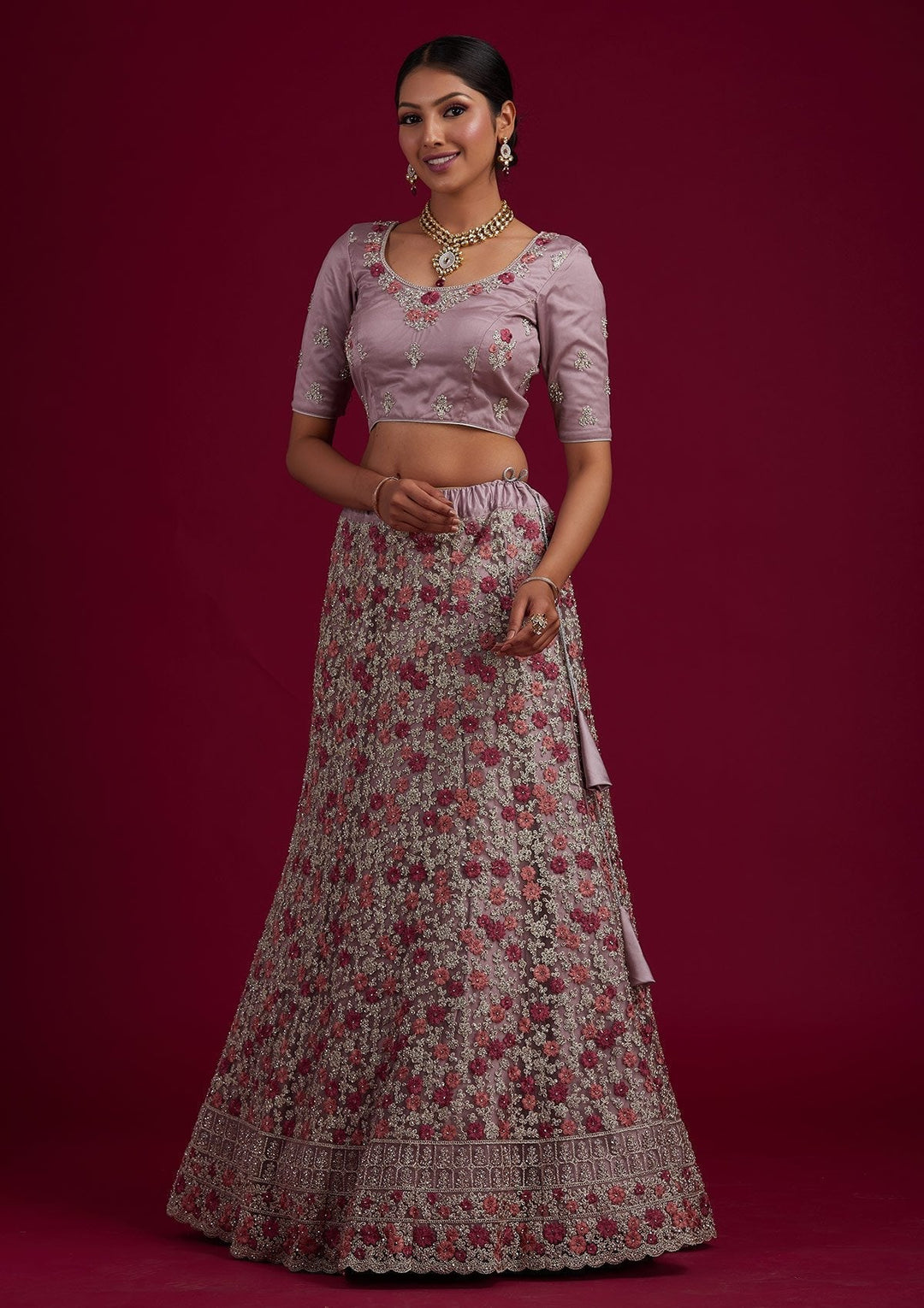 Lavender Silver Zariwork Net Designer Semi-Stitched Lehenga - koskii