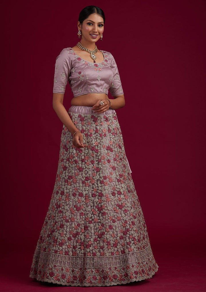 Lavender Silver Zariwork Net Designer Semi-Stitched Lehenga - koskii