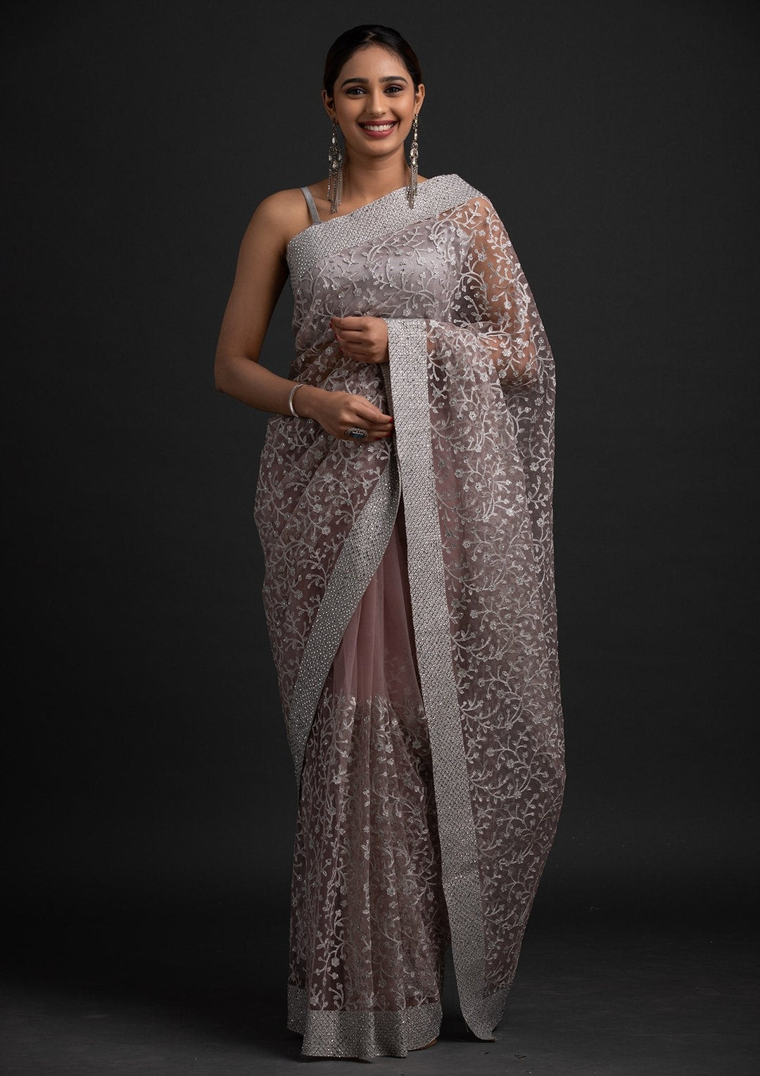 Lavender Silver Zariwork Net Designer Saree - koskii