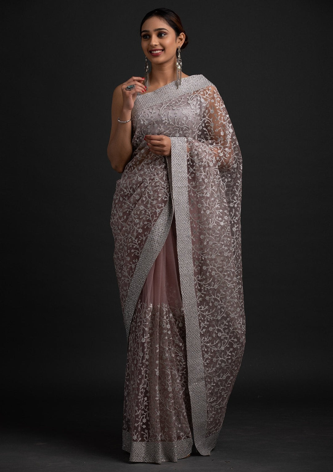 Lavender Silver Zariwork Net Designer Saree - koskii