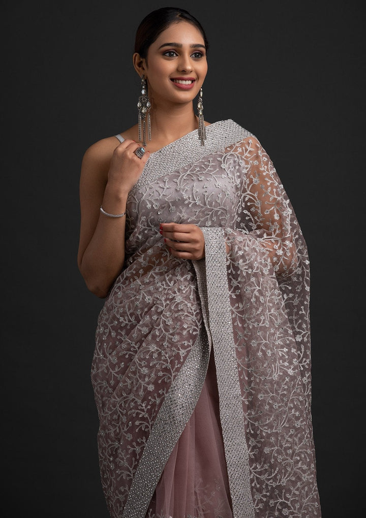 Lavender Silver Zariwork Net Designer Saree - koskii