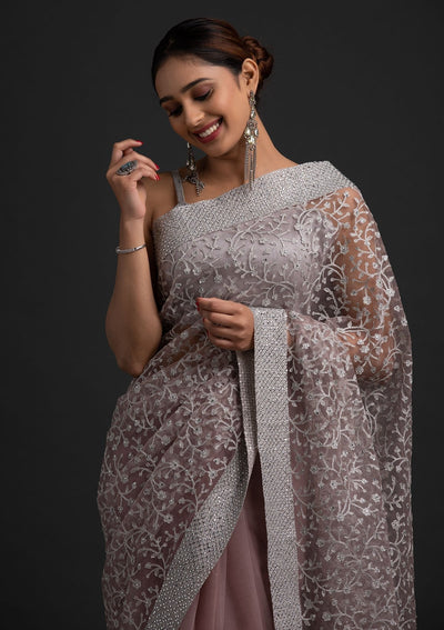 Lavender Silver Zariwork Net Designer Saree - koskii