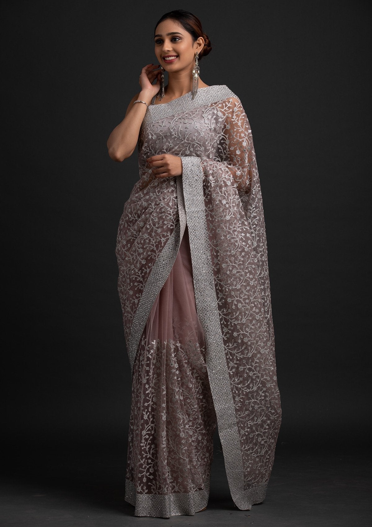 Lavender Silver Zariwork Net Designer Saree - koskii