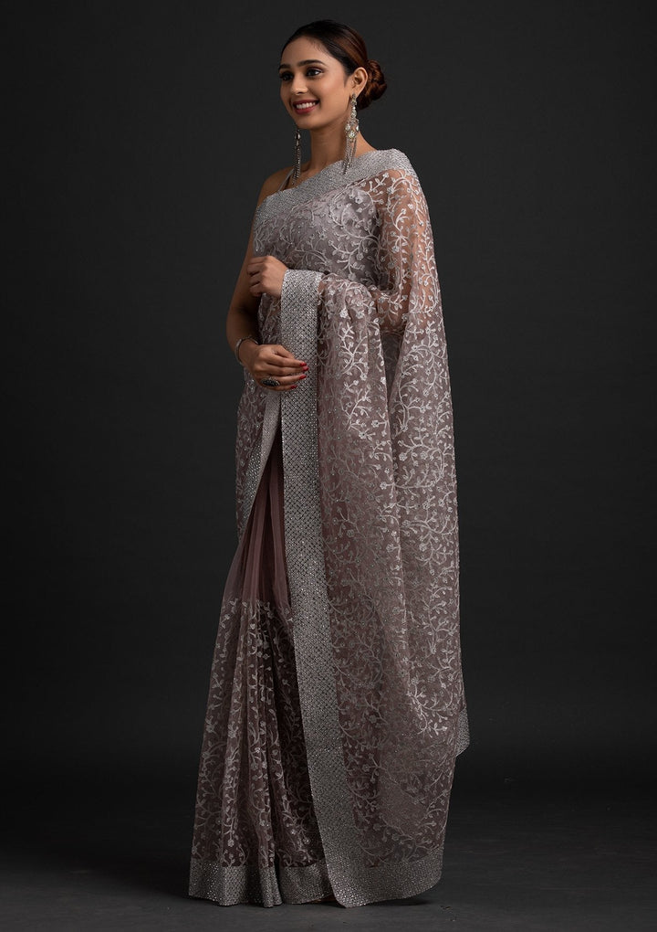 Lavender Silver Zariwork Net Designer Saree - koskii
