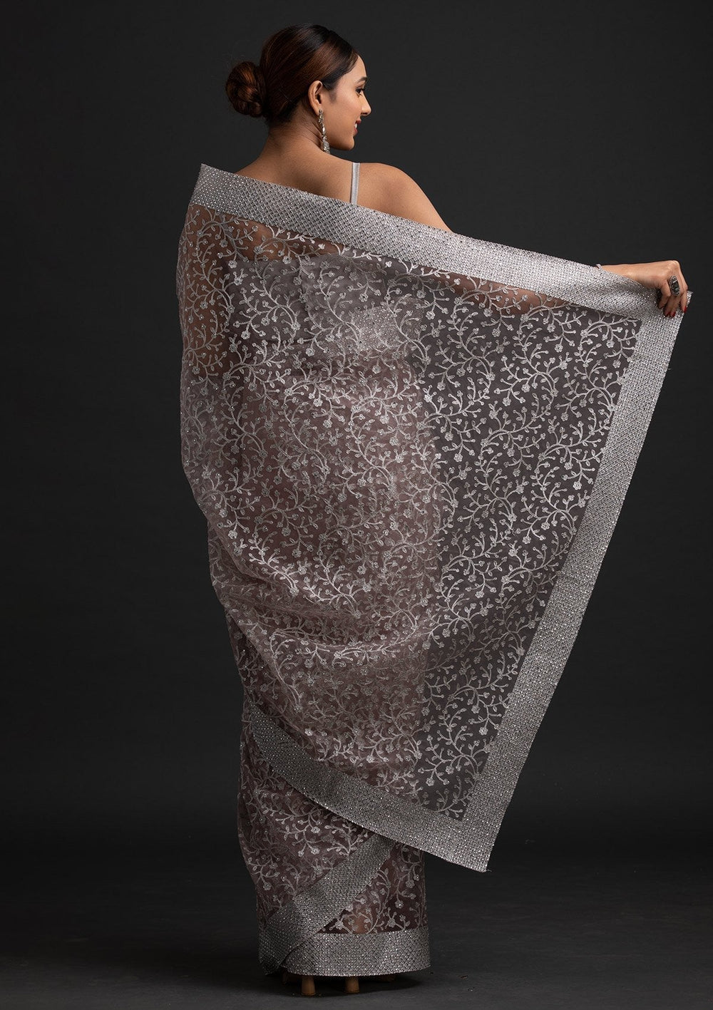 Lavender Silver Zariwork Net Designer Saree - koskii