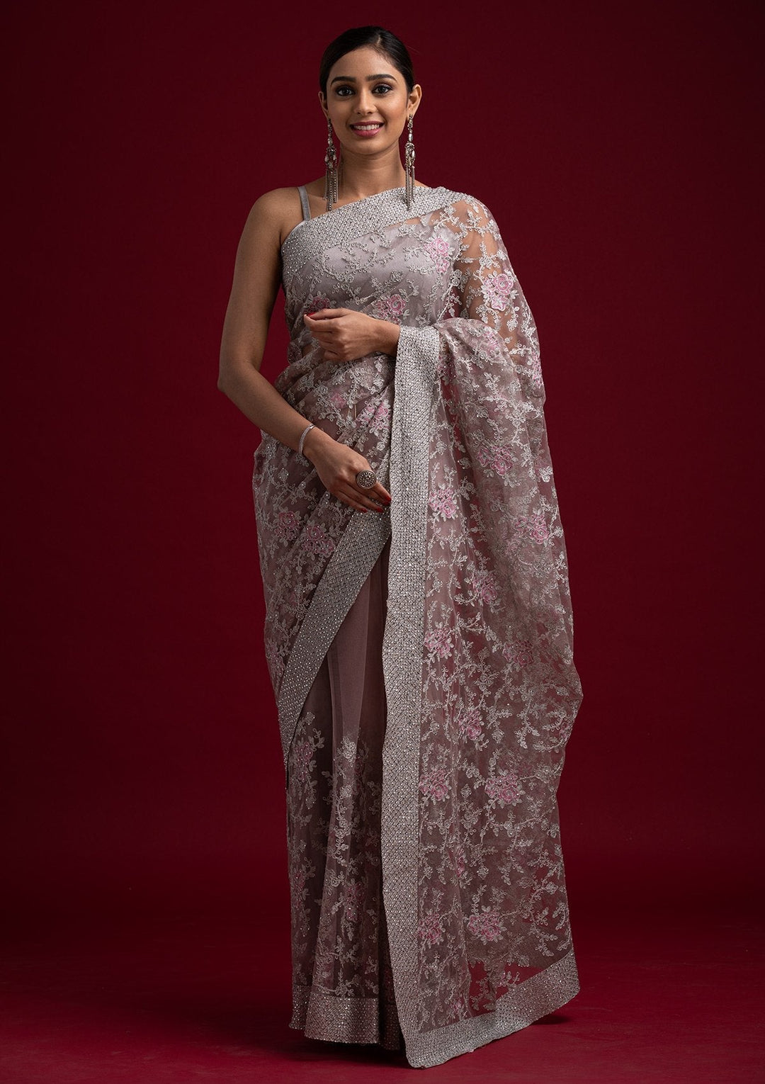 Lavender Silver Zariwork Net Designer Saree - koskii