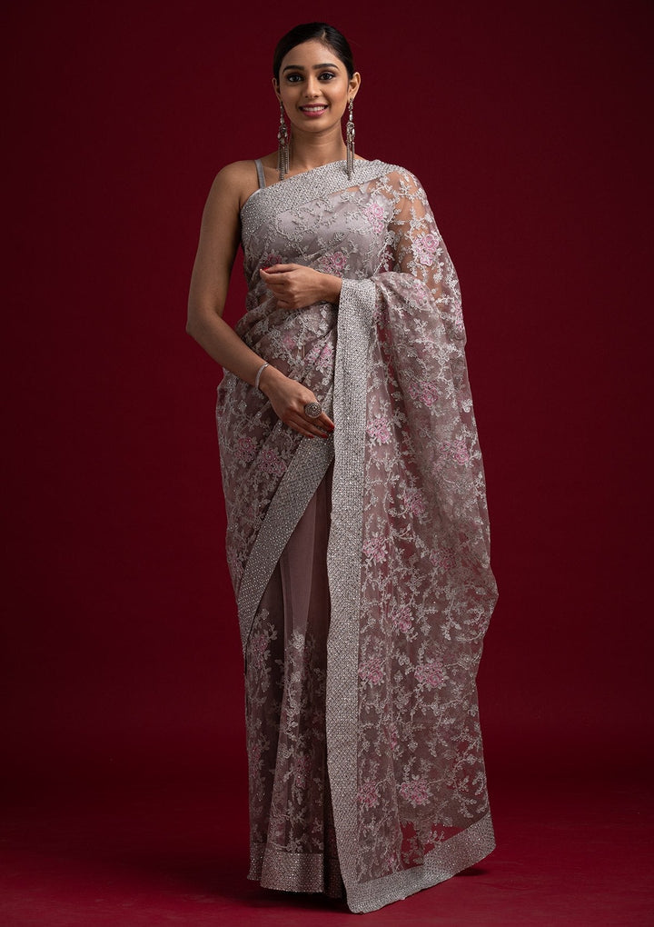 Lavender Silver Zariwork Net Designer Saree - koskii