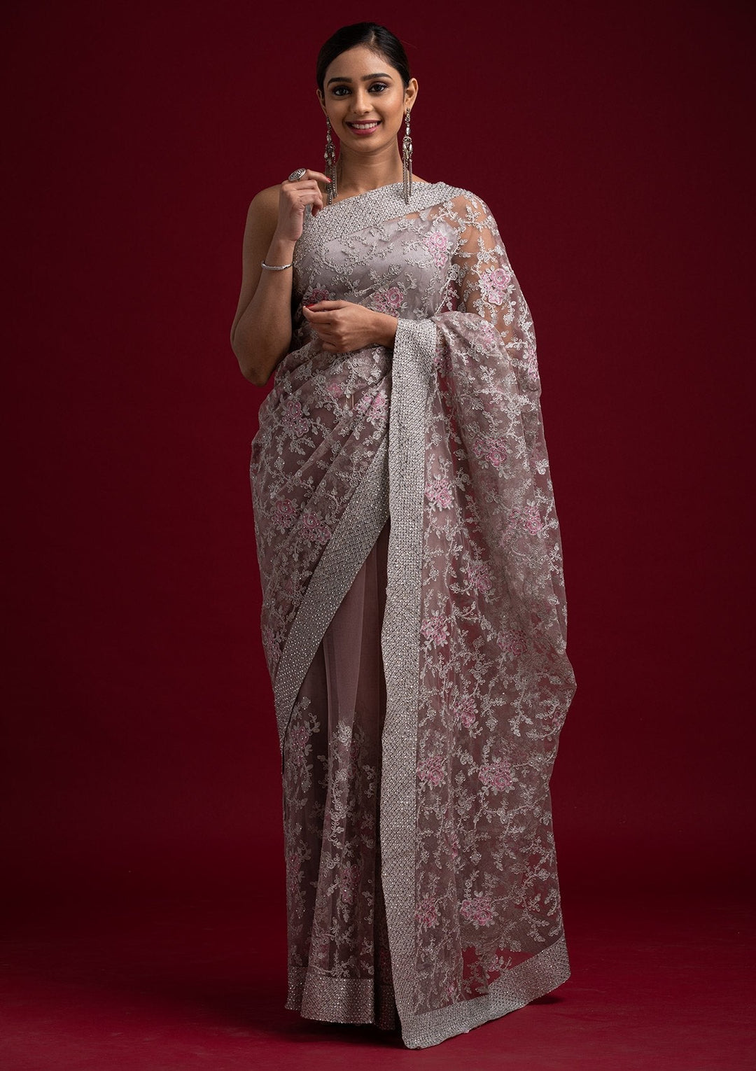 Lavender Silver Zariwork Net Designer Saree - koskii