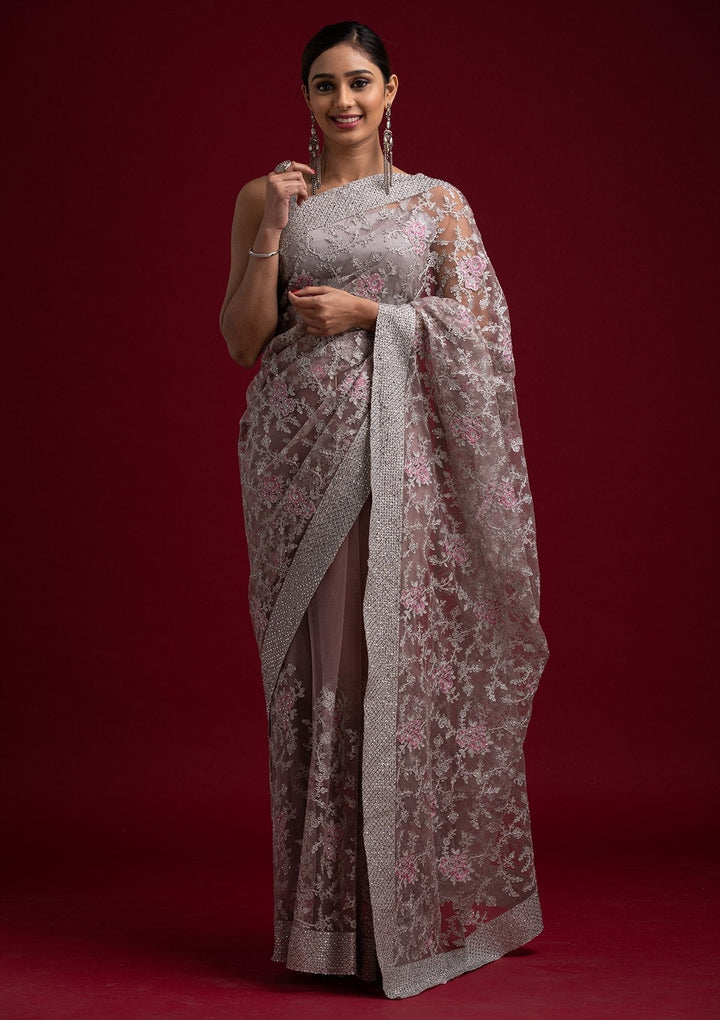Lavender Silver Zariwork Net Designer Saree - koskii