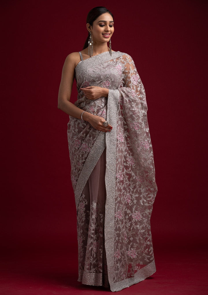 Lavender Silver Zariwork Net Designer Saree - koskii