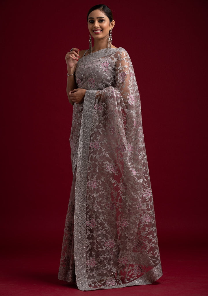 Lavender Silver Zariwork Net Designer Saree - koskii