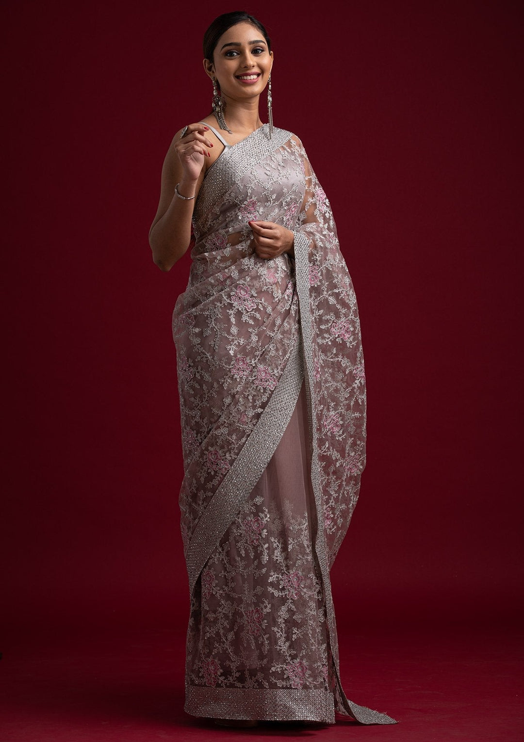 Lavender Silver Zariwork Net Designer Saree - koskii
