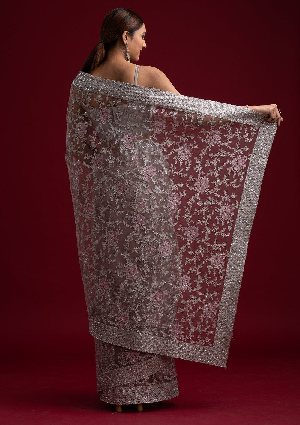 Lavender Silver Zariwork Net Designer Saree - koskii