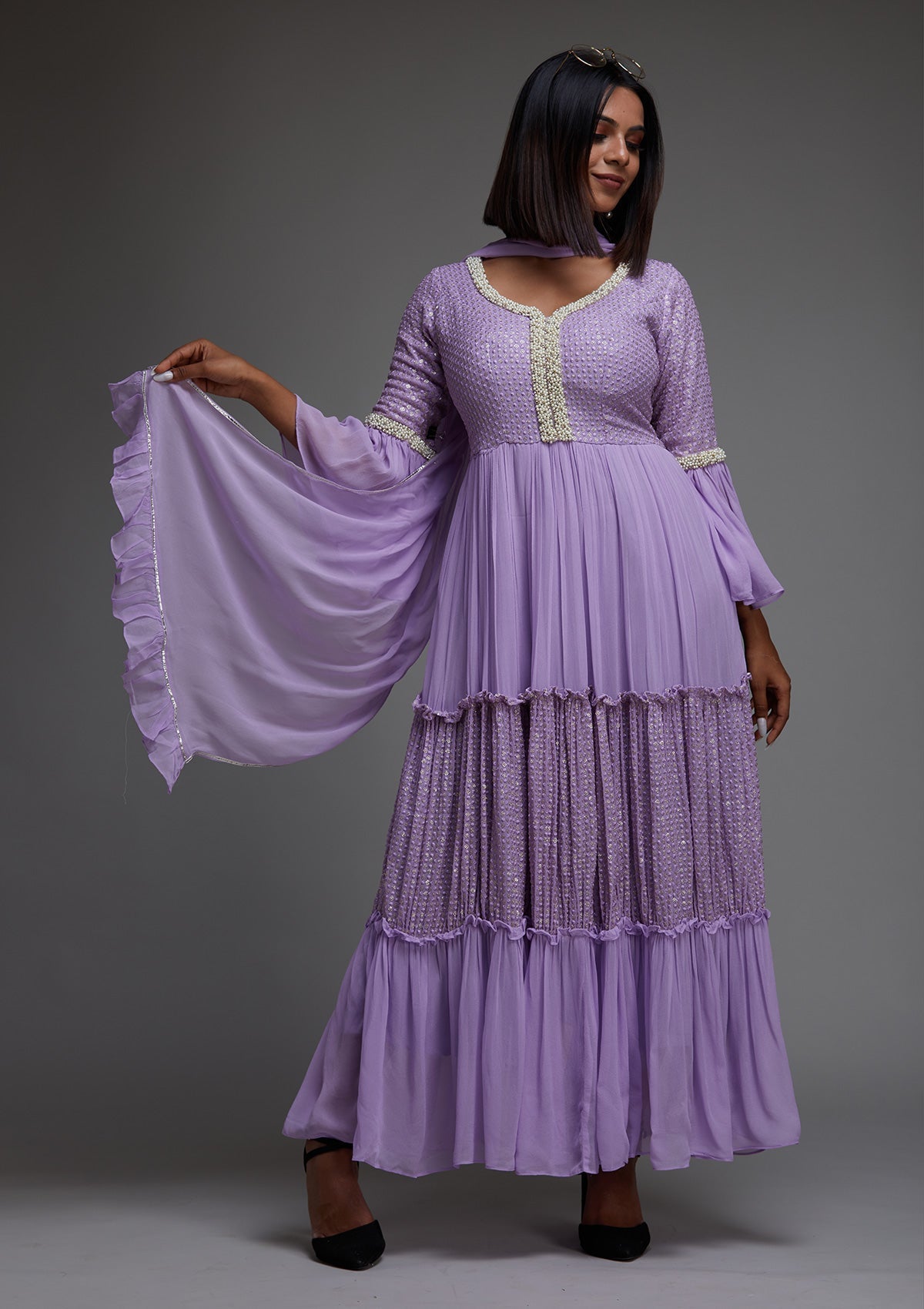 Lavender Pearlwork Georgette Designer Anarkali Suit- Koskii