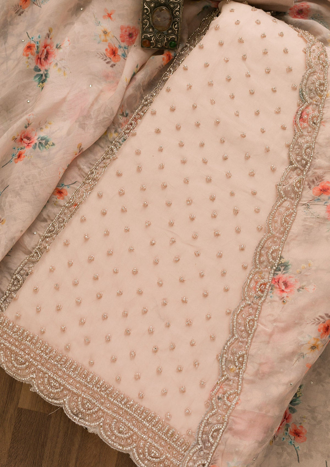 Lavender Pearlwork Organza Unstitched Salwar Kameez-Koskii