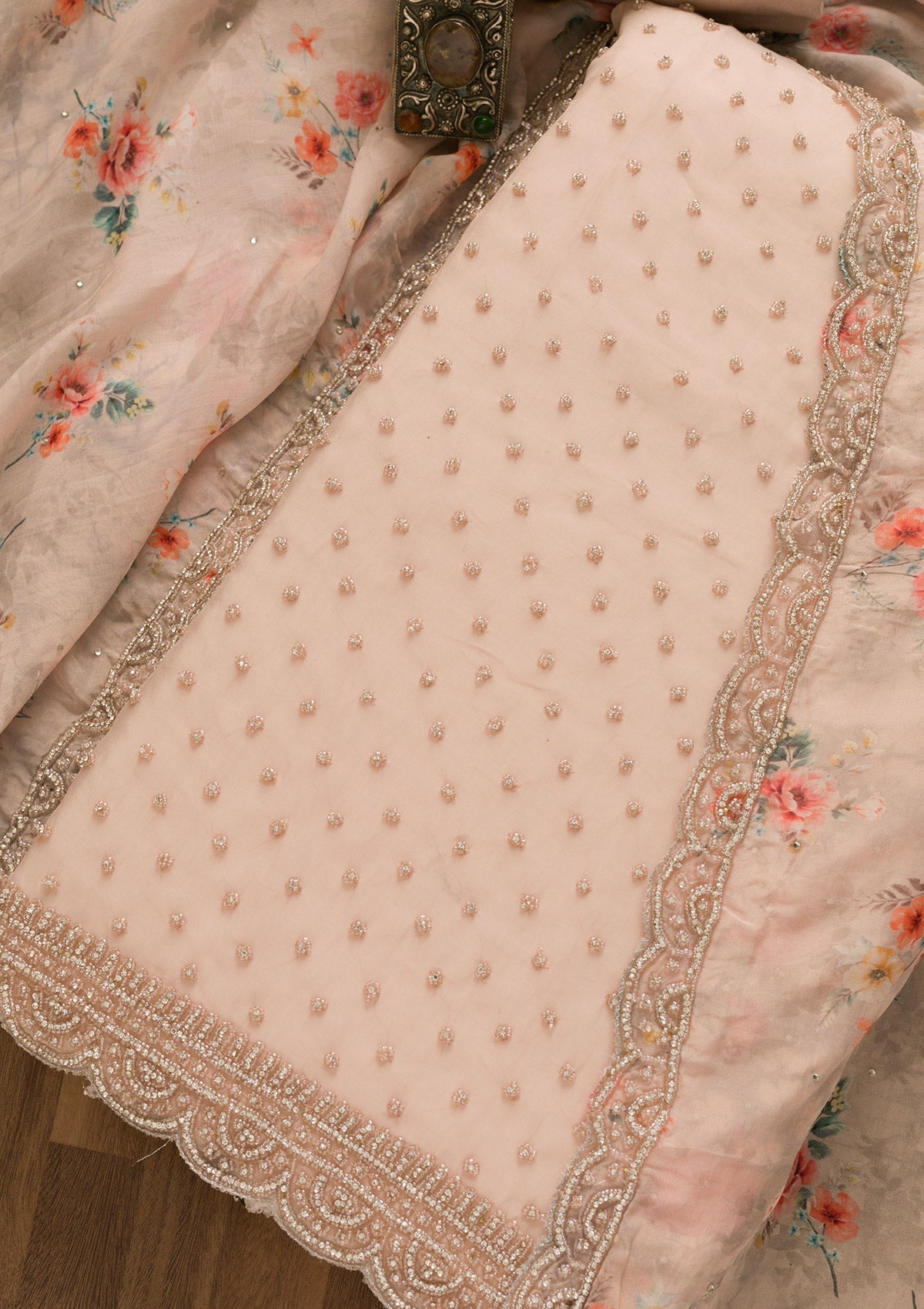 Lavender Pearlwork Organza Unstitched Salwar Kameez-Koskii