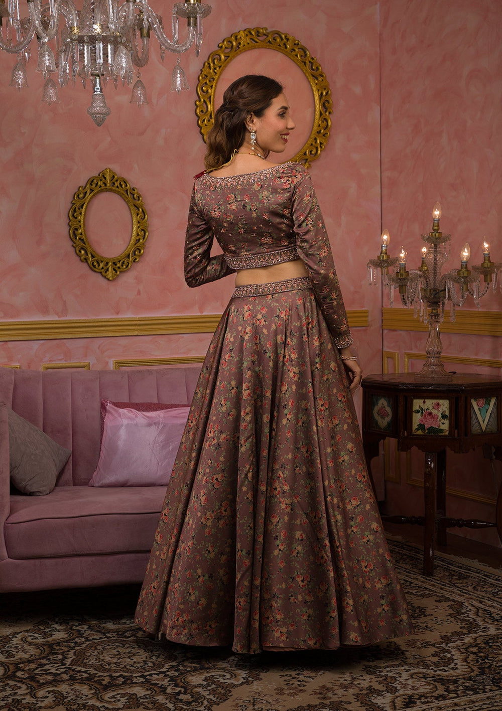 Lavender Printed Semi Crepe Readymade Lehenga-Koskii