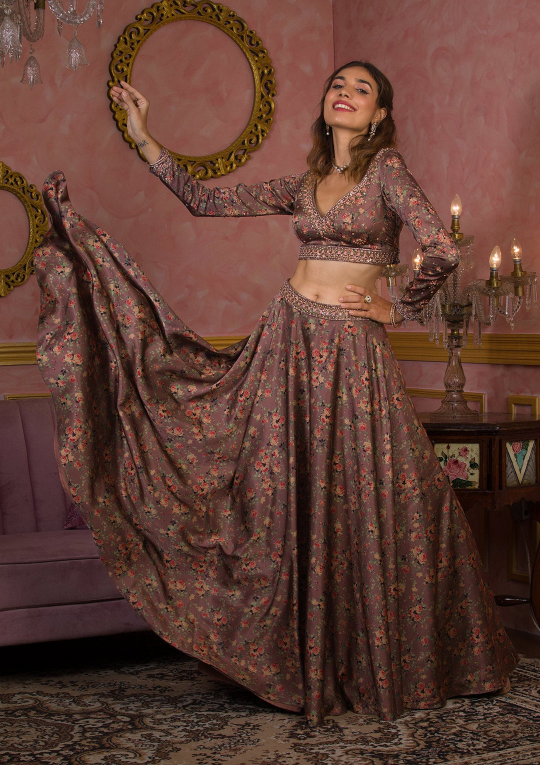 Lavender Printed Semi Crepe Readymade Lehenga-Koskii
