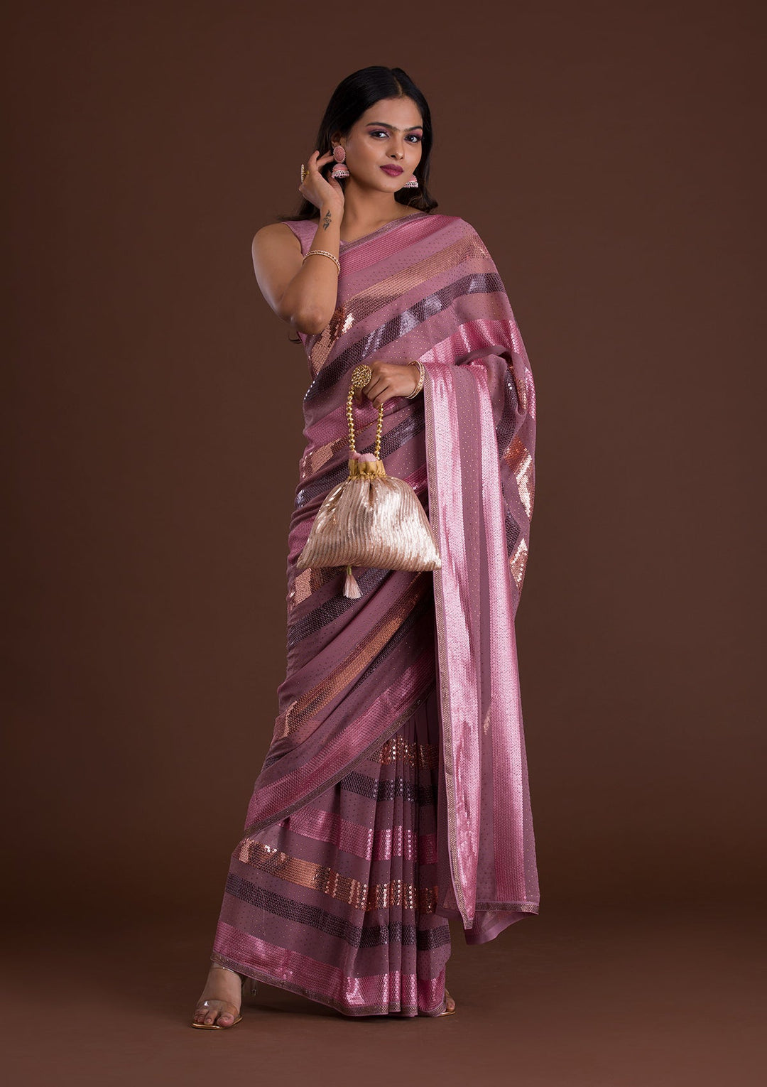 Lavender Sequins Georgette Saree-Koskii