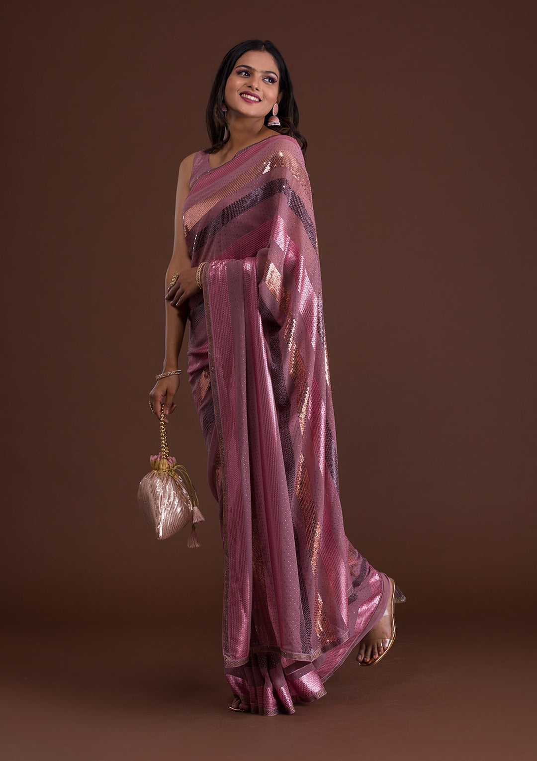 Lavender Sequins Georgette Saree-Koskii