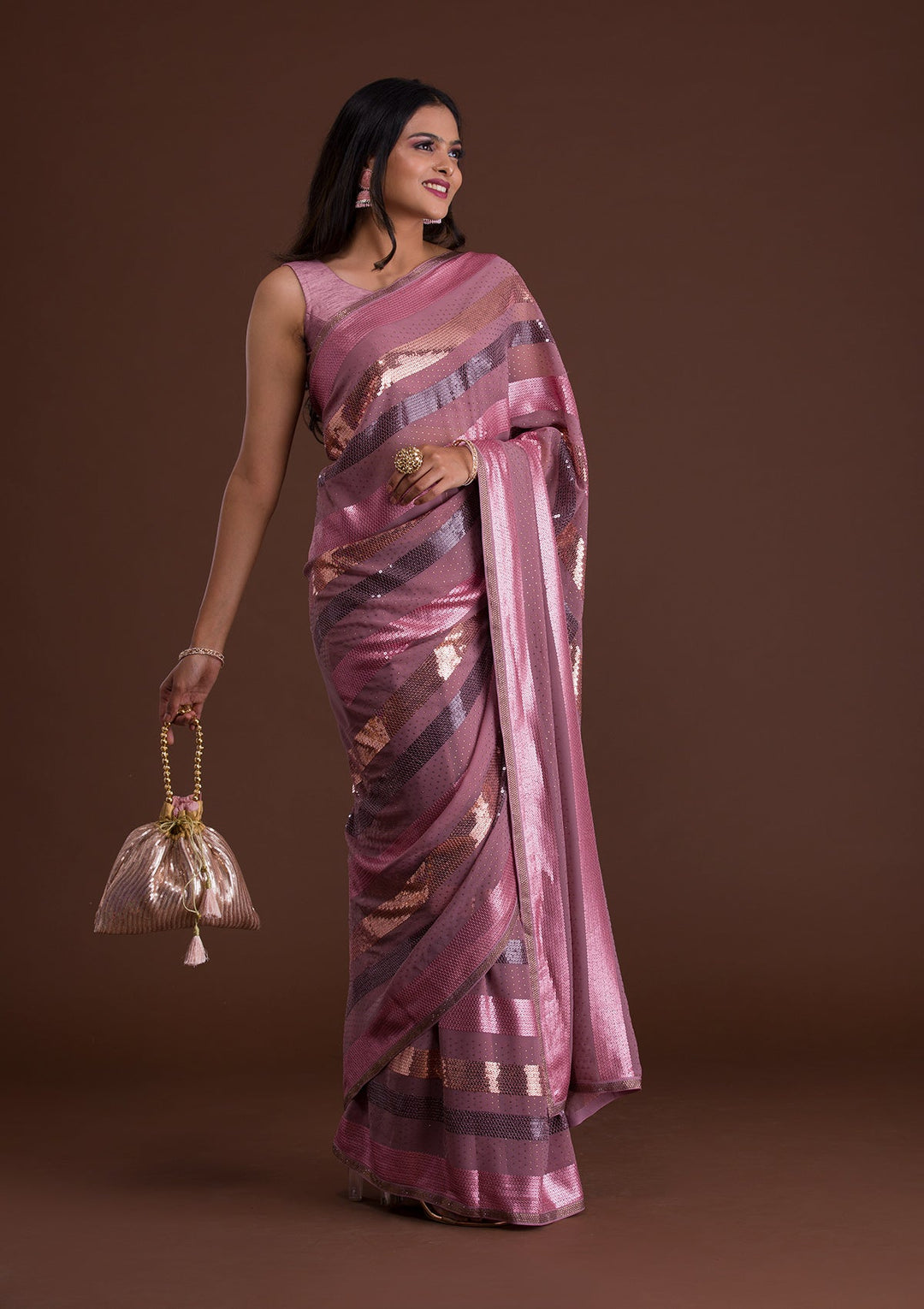 Lavender Sequins Georgette Saree-Koskii