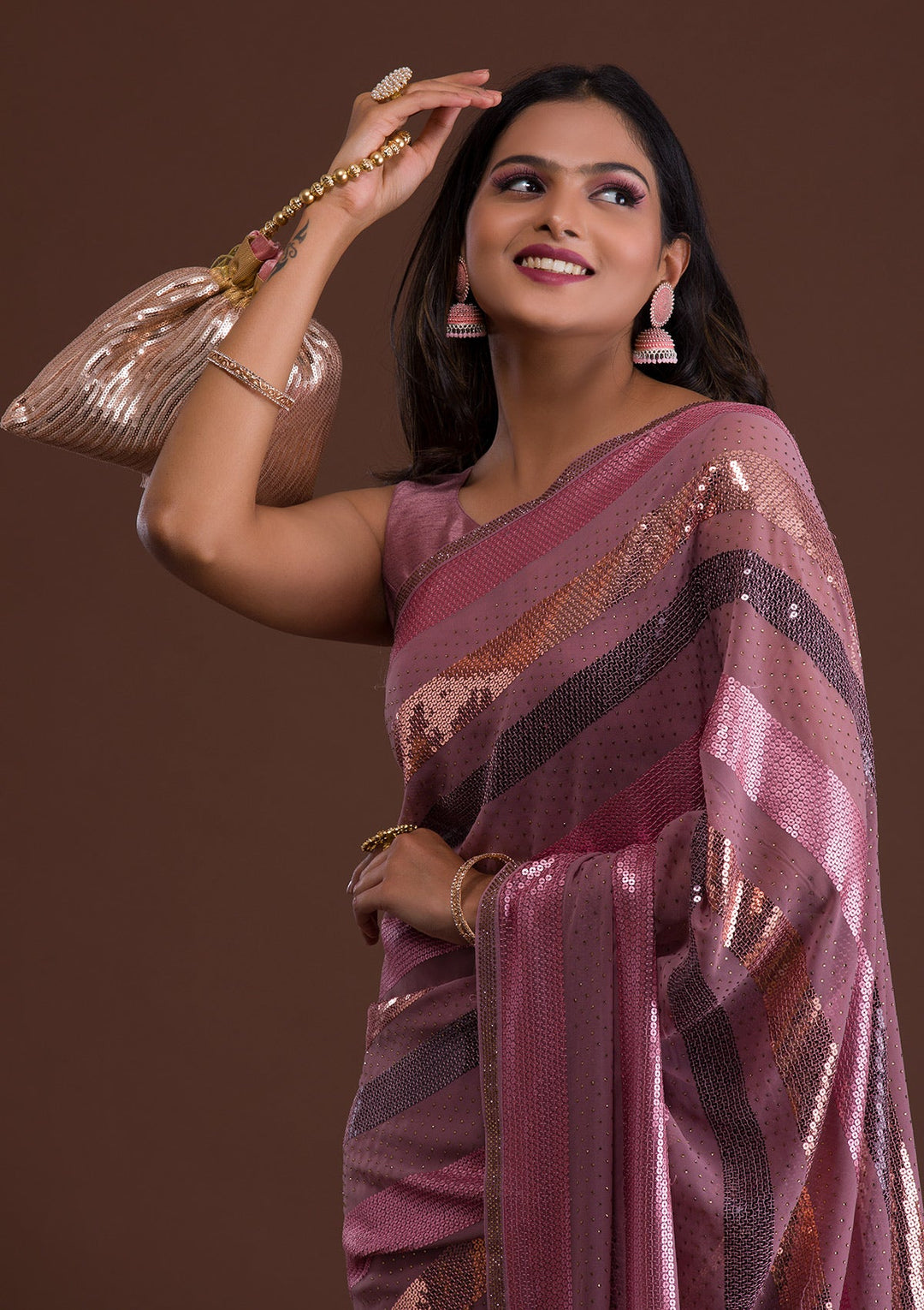 Lavender Sequins Georgette Saree-Koskii
