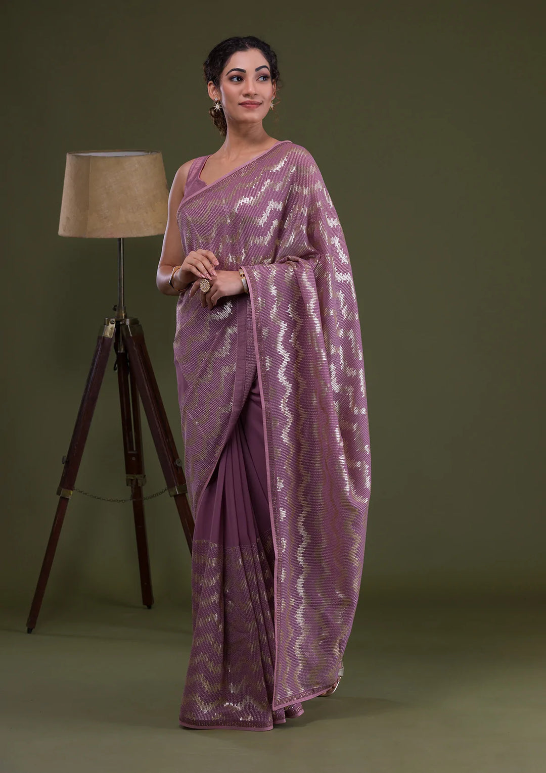 Lavender Sequins Georgette Saree-Koskii