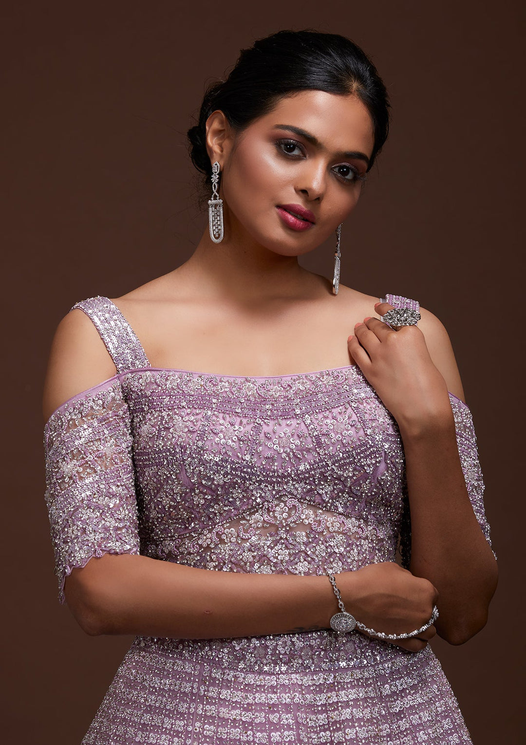 Lavender Sequins Net Lehenga-Koskii