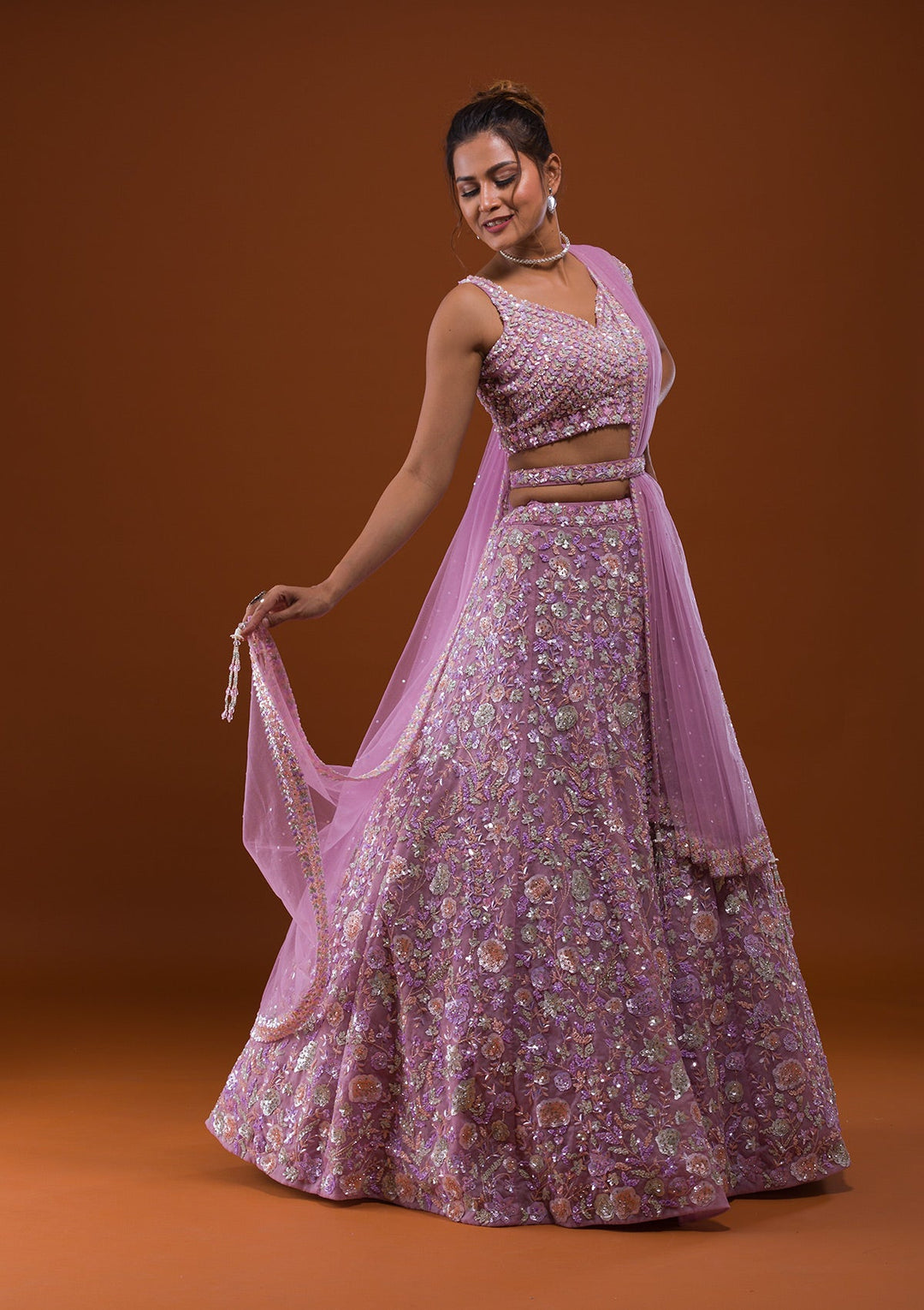 Lavender Sequins Net Designer Lehenga-Koskii