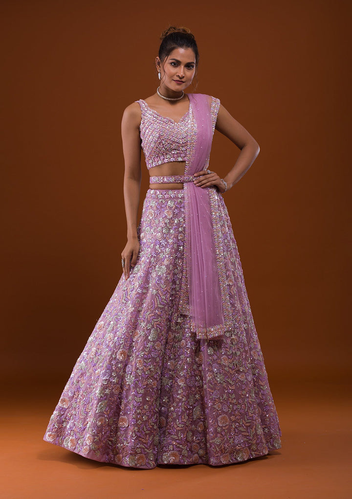Lavender Sequins Net Designer Lehenga-Koskii