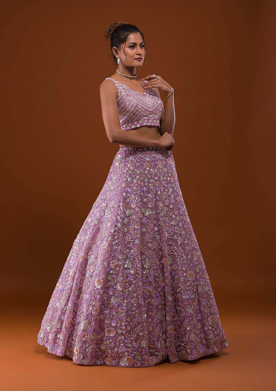 Lavender Sequins Net Designer Lehenga-Koskii