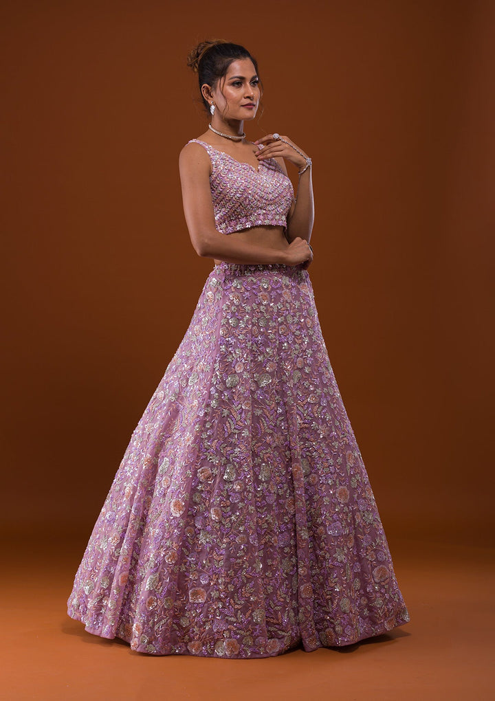 Lavender Sequins Net Designer Lehenga-Koskii