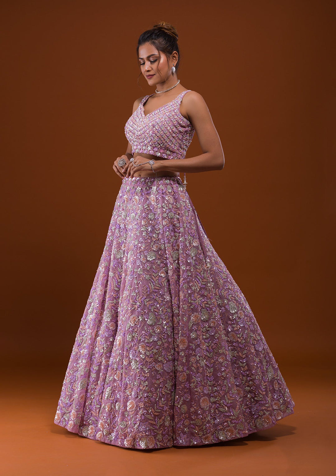 Lavender Sequins Net Designer Lehenga-Koskii