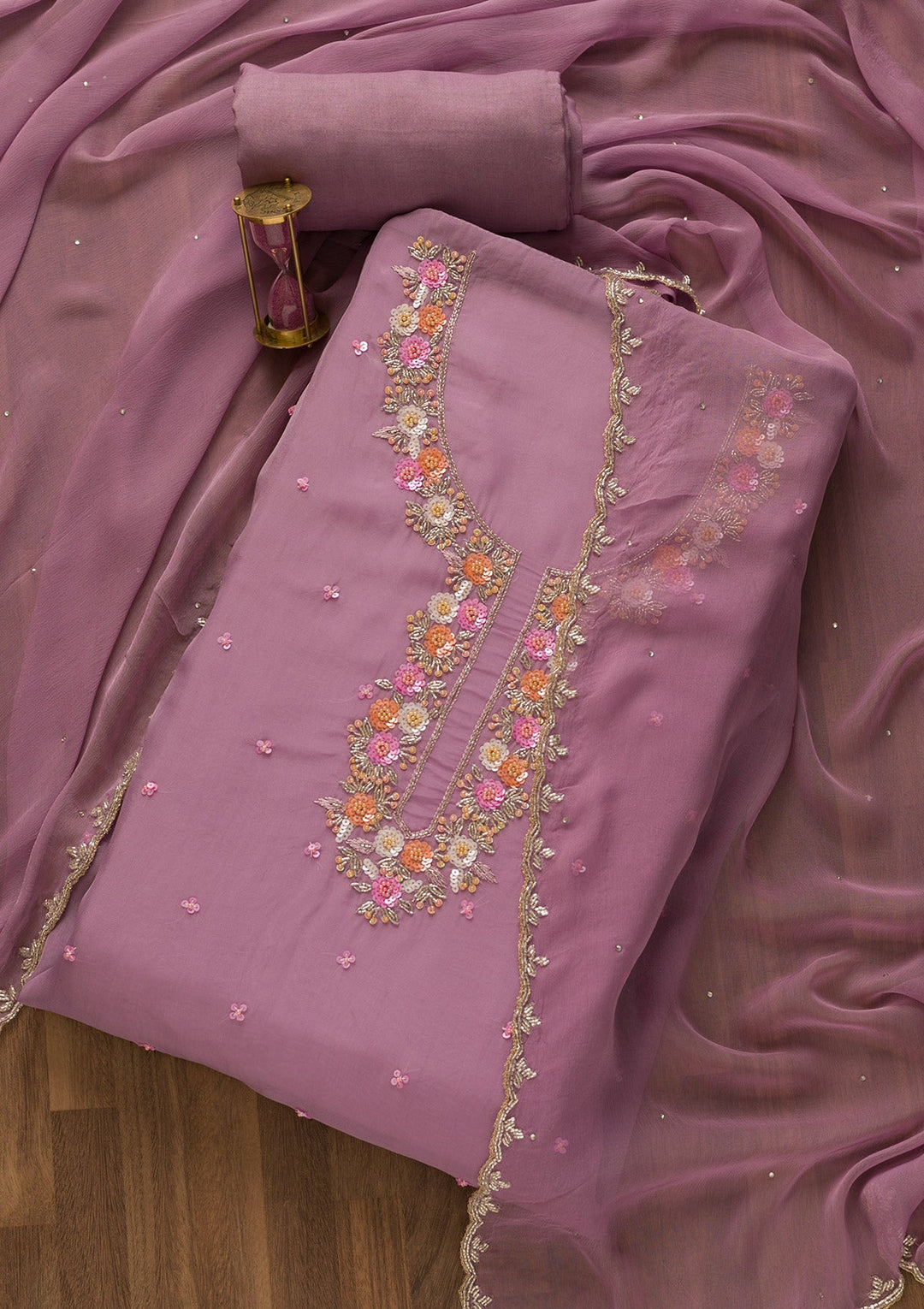 Lavender Sequins Organza Unstitched Salwar Kameez-Koskii
