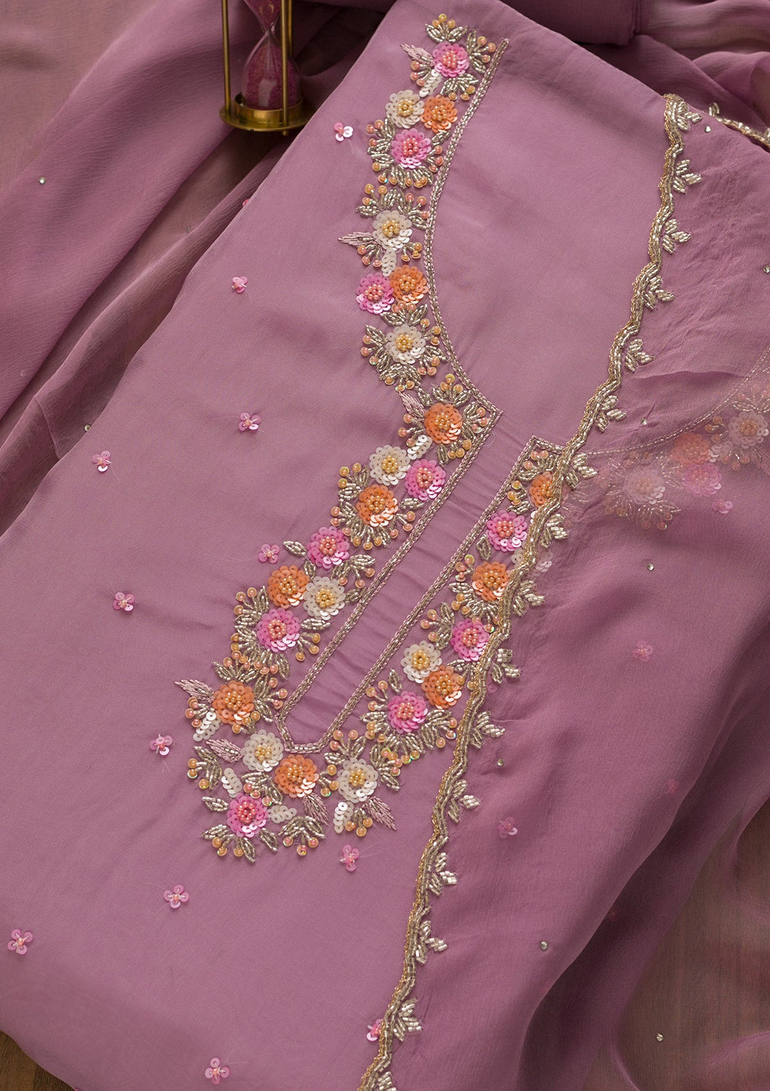 Lavender Sequins Organza Unstitched Salwar Kameez-Koskii