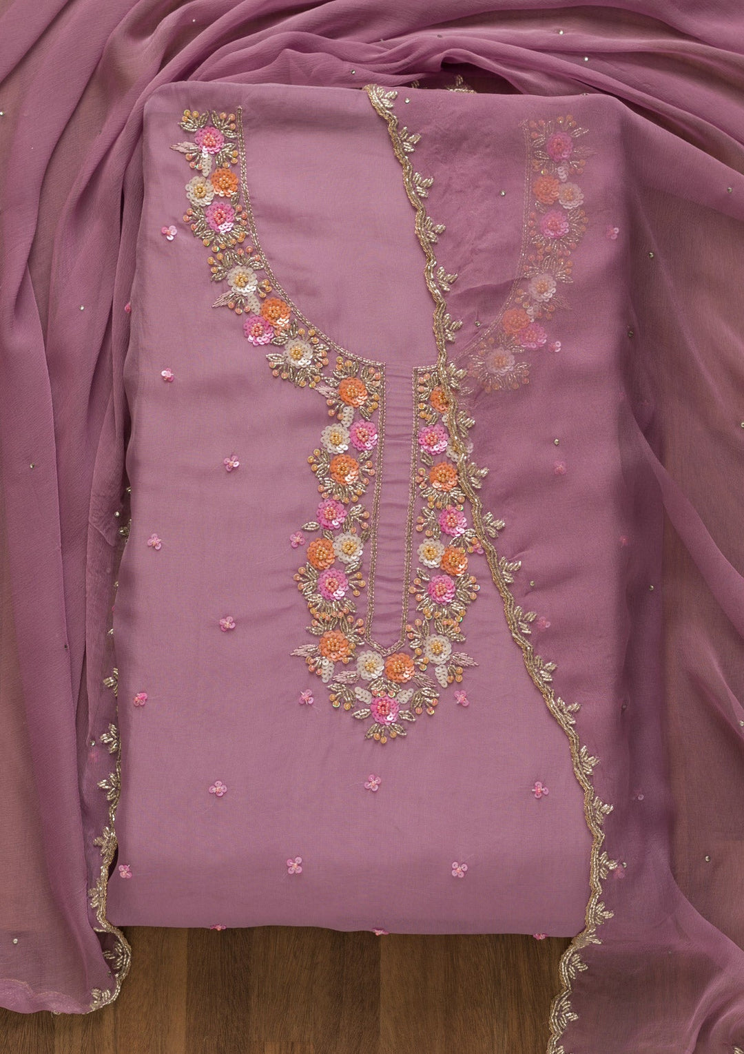 Lavender Sequins Organza Unstitched Salwar Kameez-Koskii