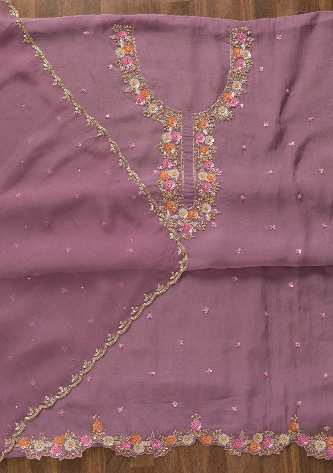 Lavender Sequins Organza Unstitched Salwar Kameez-Koskii