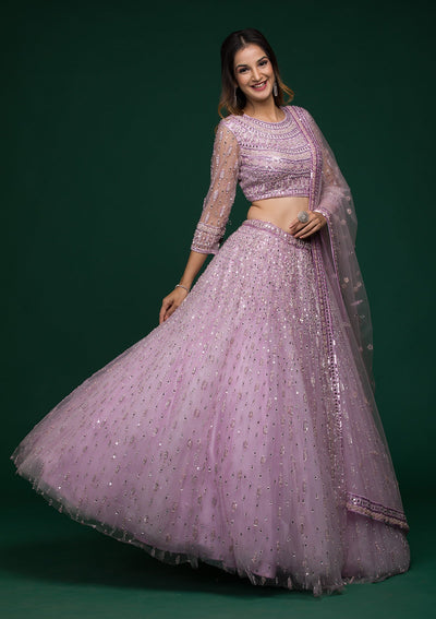 Lavender Silver Stonework Net Lehenga-koskii