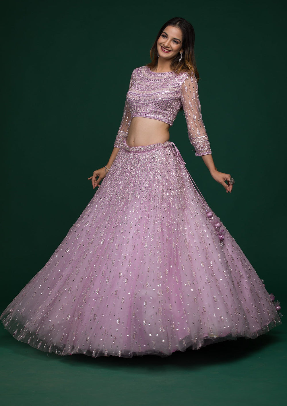 Lavender Silver Stonework Net Lehenga-koskii