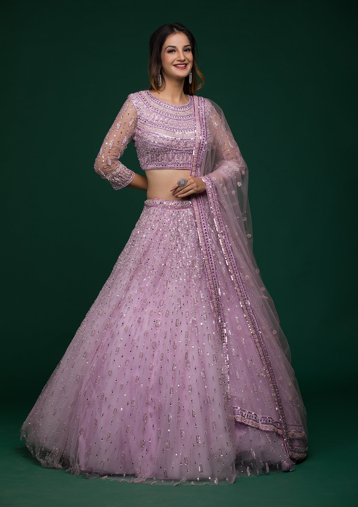 Lavender Silver Stonework Net Lehenga-koskii