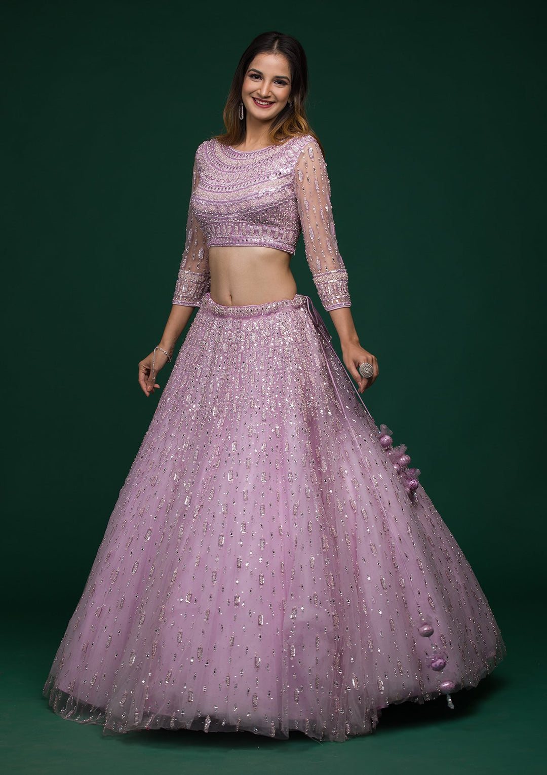 Lavender Silver Stonework Net Lehenga-koskii