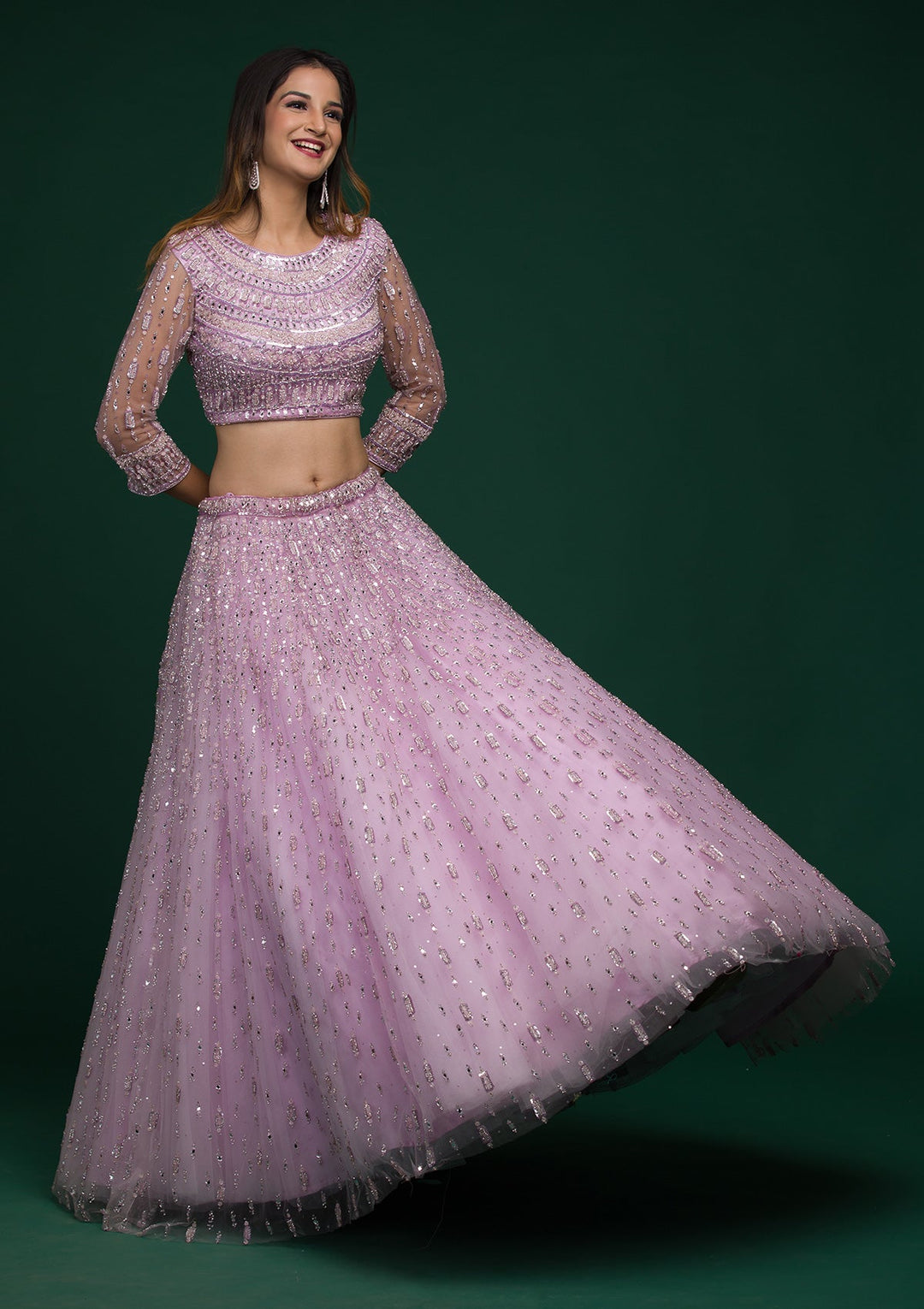 Lavender Silver Stonework Net Lehenga-koskii