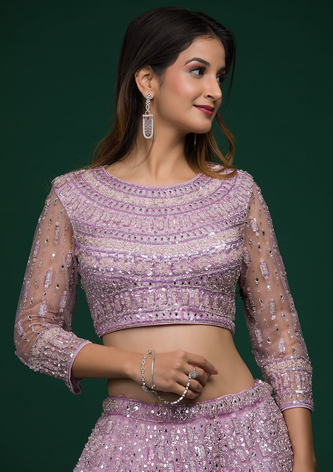 Lavender Silver Stonework Net Lehenga-koskii