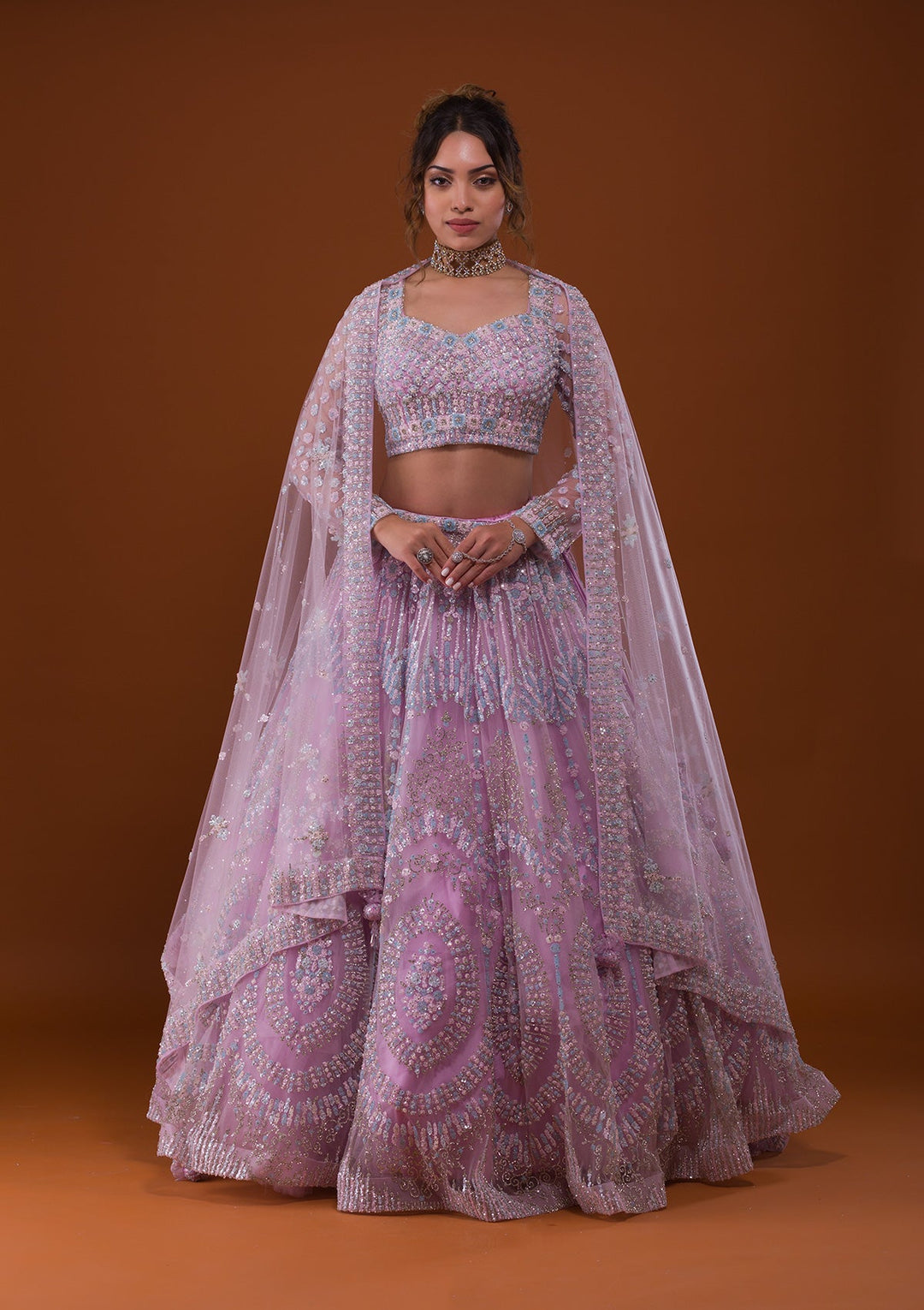 Lavender Silver Stonework Net Designer Lehenga-Koskii