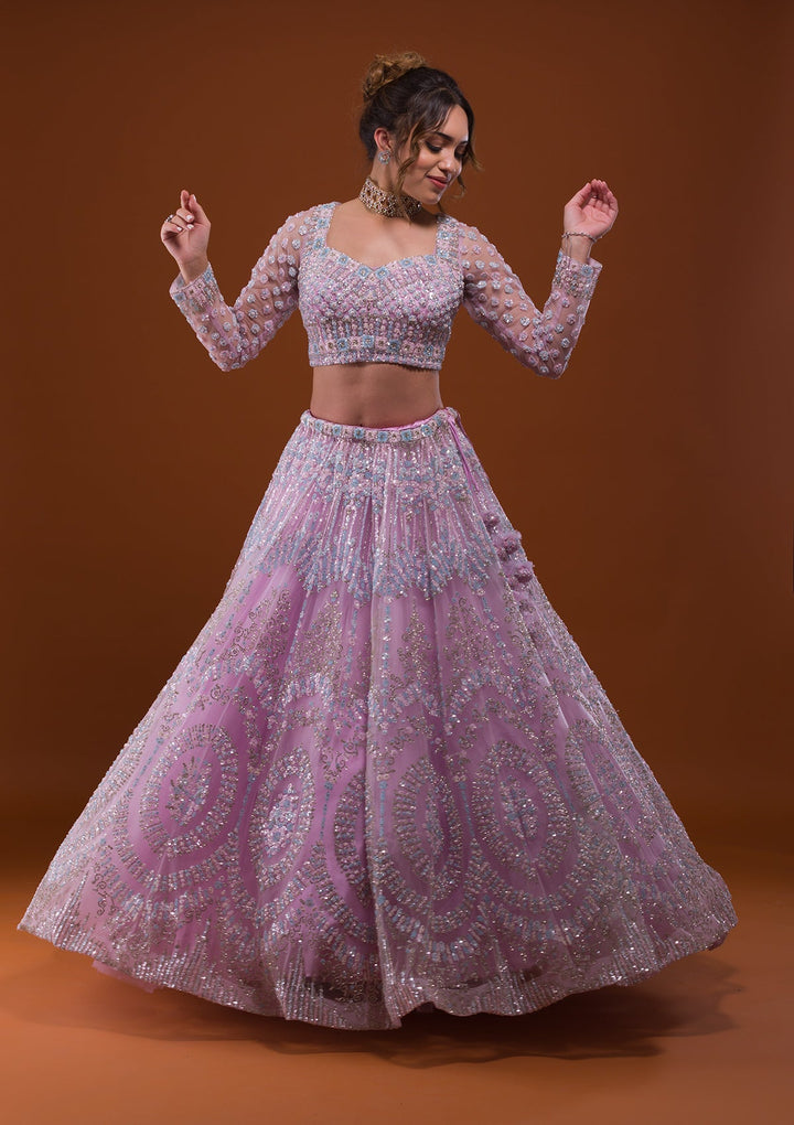 Lavender Silver Stonework Net Designer Lehenga-Koskii
