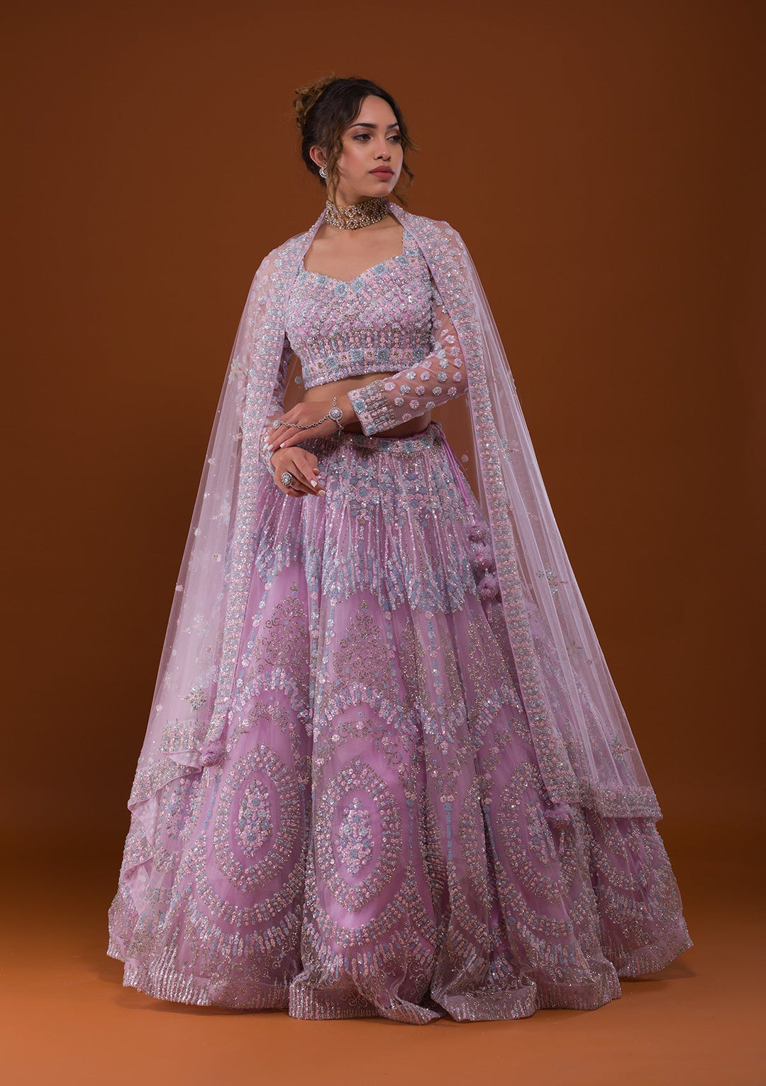 Lavender Silver Stonework Net Designer Lehenga-Koskii